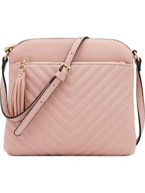 Women's Dusty Pink Chevron Quilted Medium Tassel Accent Shoulder Crossbody Bag